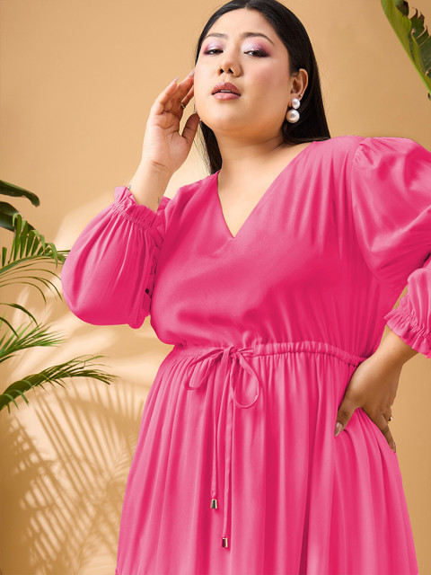 SASSAFRAS Curve Plus Size V-Neck Puff Sleeves Georgette Fit & Flare Tiered Midi Dress - Image 2