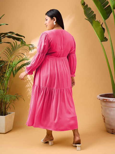 SASSAFRAS Curve Plus Size V-Neck Puff Sleeves Georgette Fit & Flare Tiered Midi Dress - Image 4