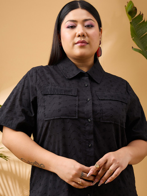 SASSAFRAS Curve Plus Size Black Schiffli Embroidered Pure Cotton Shirt & Trousers Co-Ords - Image 4