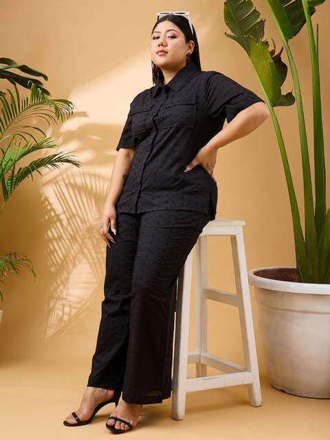 SASSAFRAS Curve Plus Size Black Schiffli Embroidered Pure Cotton Shirt & Trousers Co-Ords - Image 2