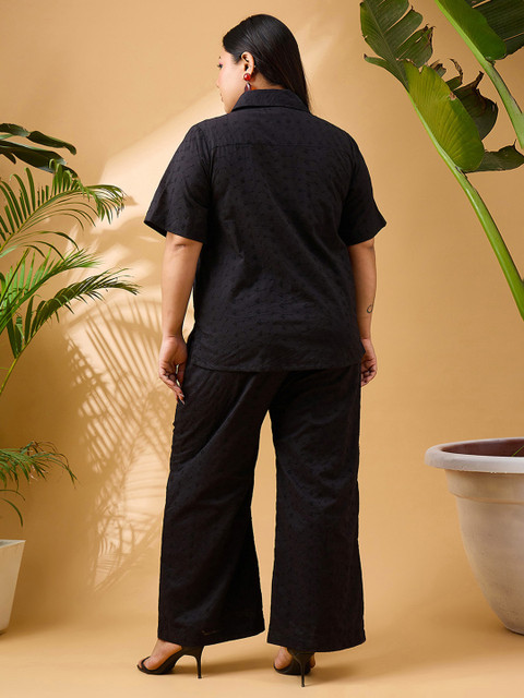 SASSAFRAS Curve Plus Size Black Schiffli Embroidered Pure Cotton Shirt & Trousers Co-Ords - Image 3