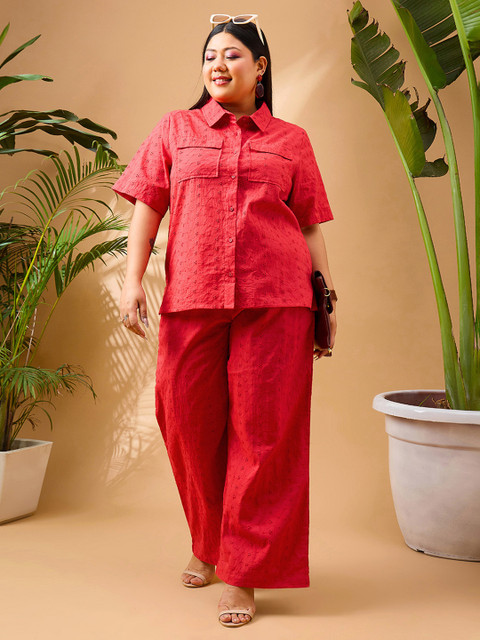SASSAFRAS Curve Plus Size Red Schiffli Embroidered Pure Cotton Shirt & Trouser Co-ords