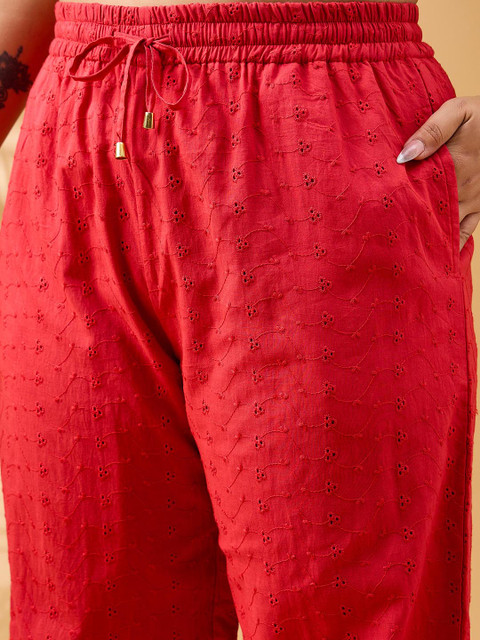 SASSAFRAS Curve Plus Size Red Schiffli Embroidered Pure Cotton Shirt & Trouser Co-ords - Image 5