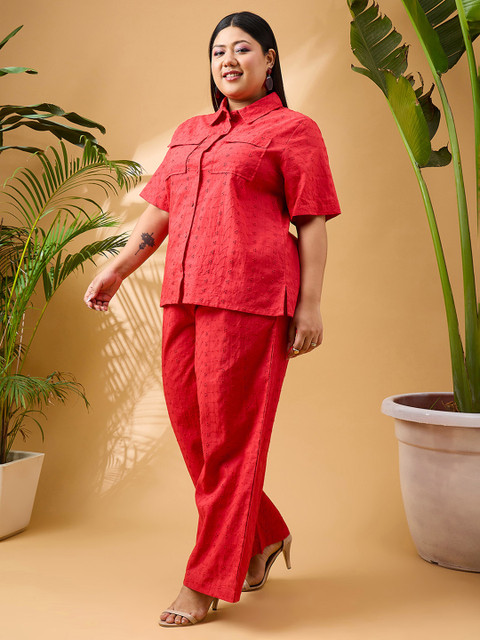 SASSAFRAS Curve Plus Size Red Schiffli Embroidered Pure Cotton Shirt & Trouser Co-ords - Image 2