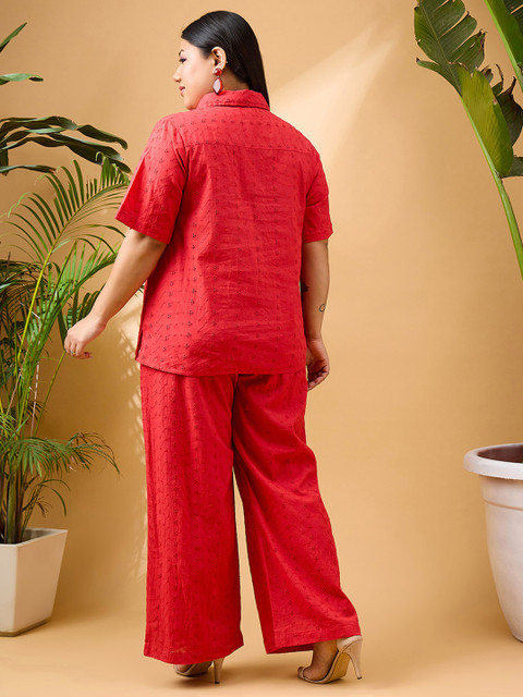 SASSAFRAS Curve Plus Size Red Schiffli Embroidered Pure Cotton Shirt & Trouser Co-ords - Image 3