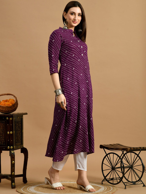 GLOWWORLD Striped Mandarin Collar A-Line Kurta - Image 3