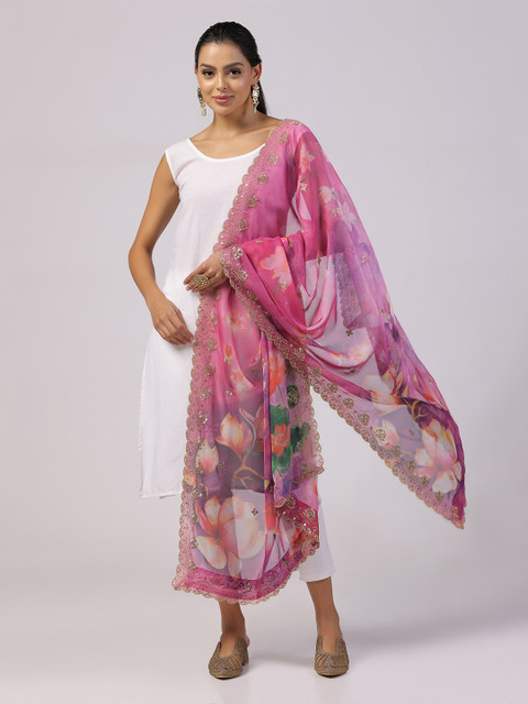 Kaizen TEXO FAB Floral Printed Linen Dupatta With Zari