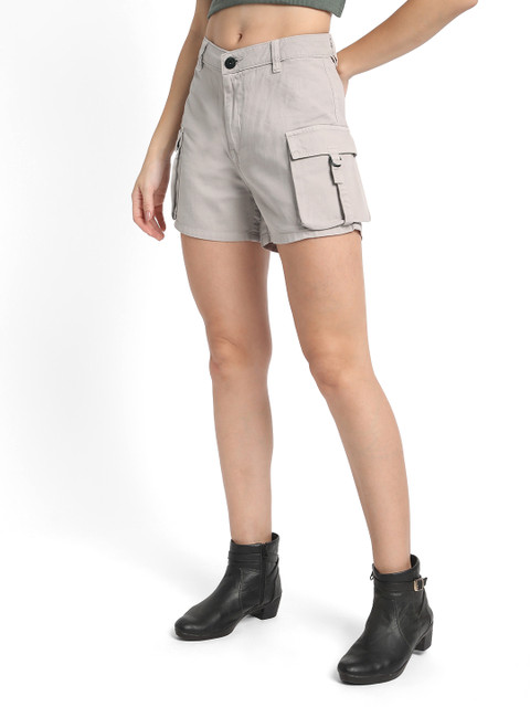The Roadster Lifestyle Co. Women Grey High-Rise Regular Fit Pure Cotton Cargo Shorts