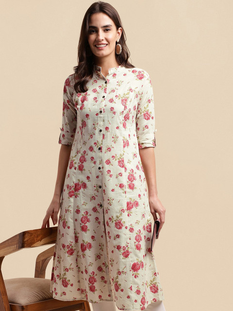 KALINI Floral Printed Pure Cotton A-Line Kurta - Image 5