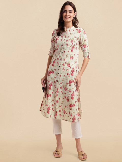 KALINI Floral Printed Pure Cotton A-Line Kurta - Image 4