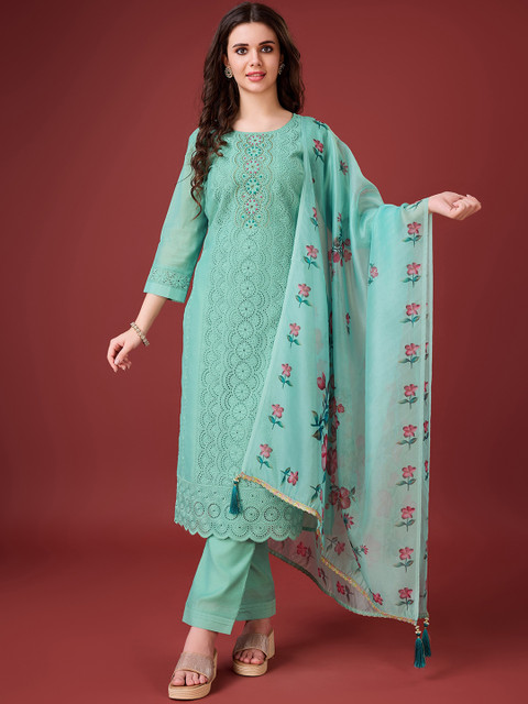 MOJILAA Ethnic Embroidered Regular Chikankari Chanderi Silk Kurta with Trousers & Dupatta