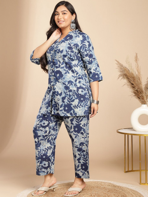 Janasya Plus Size Floral Printed V-Neck Shirt With Trousers - Image 3
