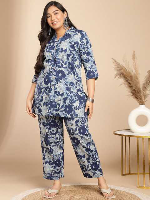 Janasya Plus Size Floral Printed V-Neck Shirt With Trousers