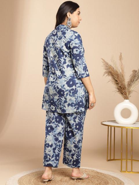 Janasya Plus Size Floral Printed V-Neck Shirt With Trousers - Image 4