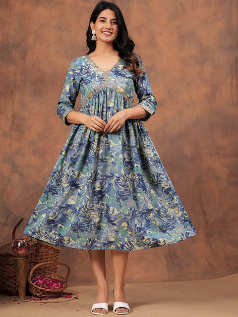 KPF V-Neck Paisley Printed Cotton A-Line Kurta