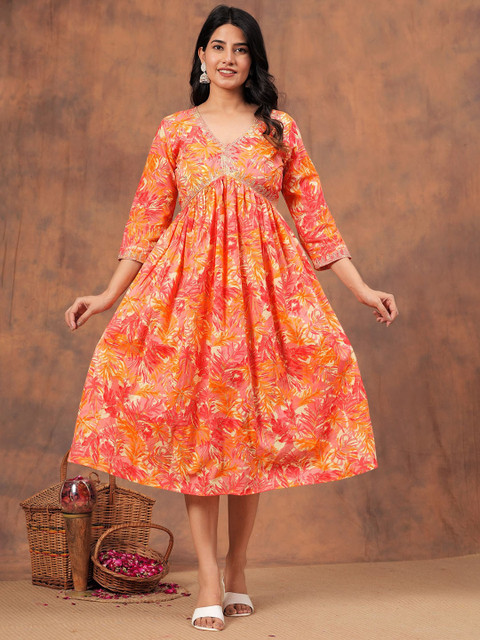 KPF Floral Printed V-Neck Cotton A-Line Kurta