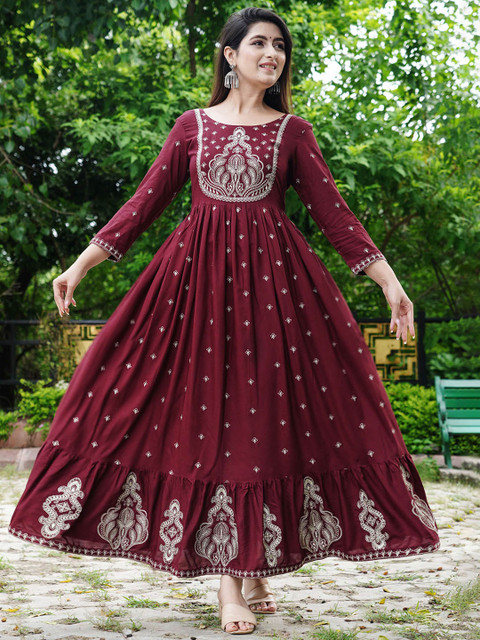 DSS FASHION Abstract Mirror Work Square Neck Pleated Anarkali Kurta