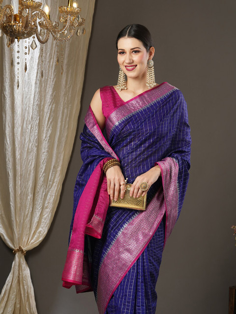 Anouk Checked Woven Design Zari Taant Saree - Image 4