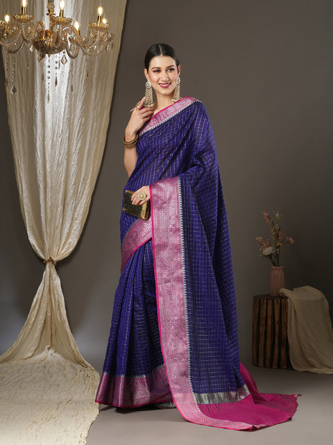 Anouk Checked Woven Design Zari Taant Saree - Image 2