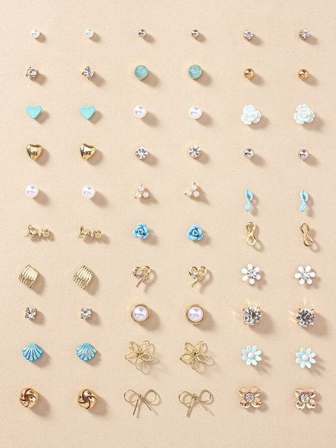 Jewels Galaxy Set Of 30 Gold-Plated Crystal Studded and Beaded Studs