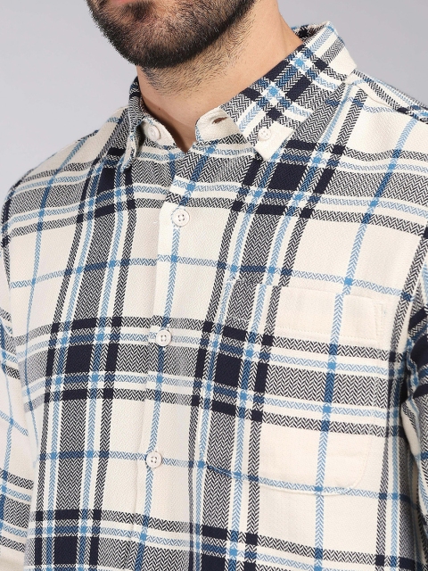 HERE&NOW Slim Fit Tartan Button-Down Collar Collar Log Sleeves Cotton Casual Shirt - Image 3