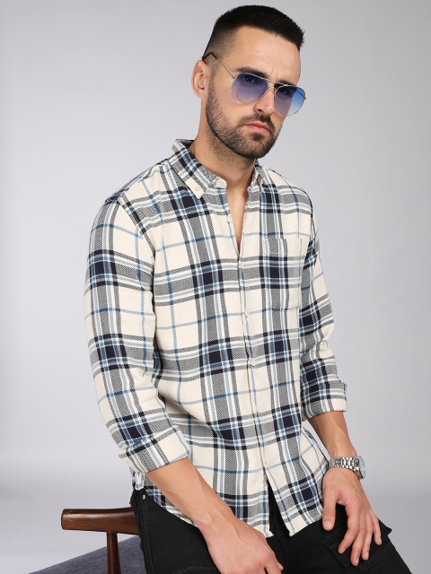 HERE&NOW Slim Fit Tartan Button-Down Collar Collar Log Sleeves Cotton Casual Shirt - Image 7