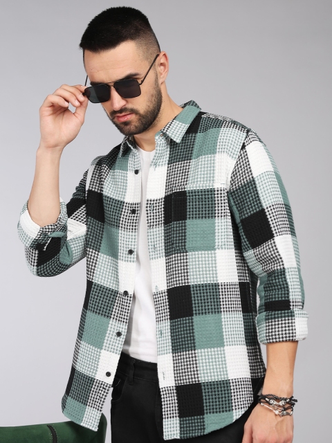 HERE&NOW Slim Fit Textured Tartan Checked Spread Collar Long Sleeves Cotton Casual Shirt - Image 7