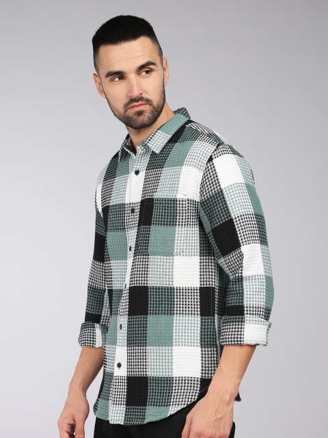 HERE&NOW Slim Fit Textured Tartan Checked Spread Collar Long Sleeves Cotton Casual Shirt - Image 3