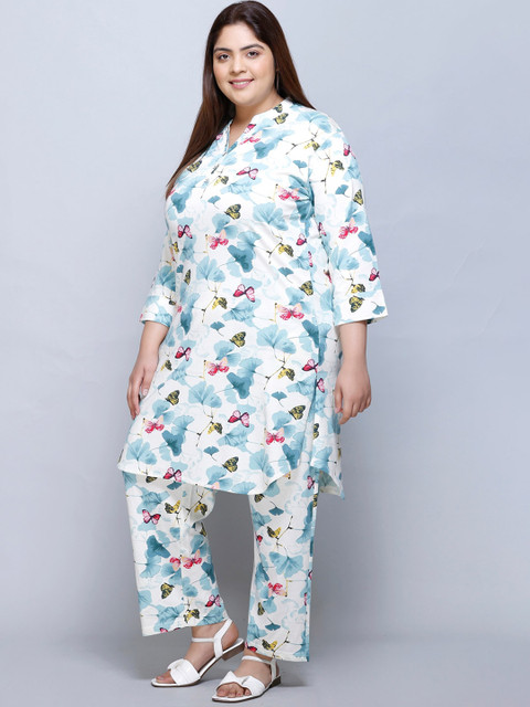 IN Love Plus Size Graphic Printed Mandarin Collar Pure Cotton Top & Palazzo - Image 4