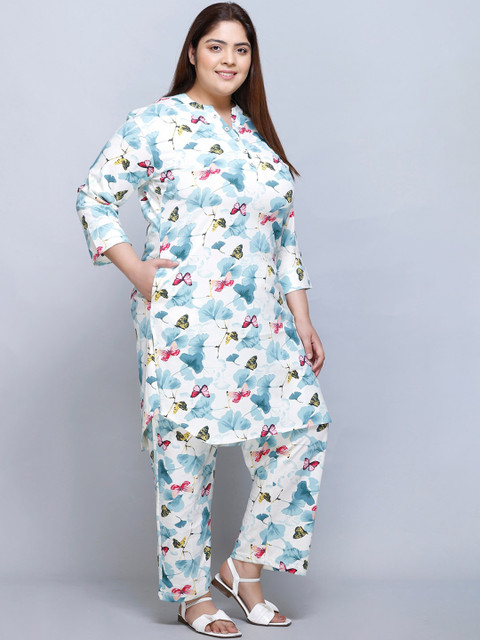 IN Love Plus Size Graphic Printed Mandarin Collar Pure Cotton Top & Palazzo - Image 3