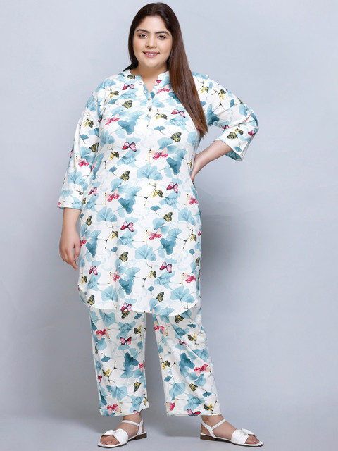 IN Love Plus Size Graphic Printed Mandarin Collar Pure Cotton Top & Palazzo