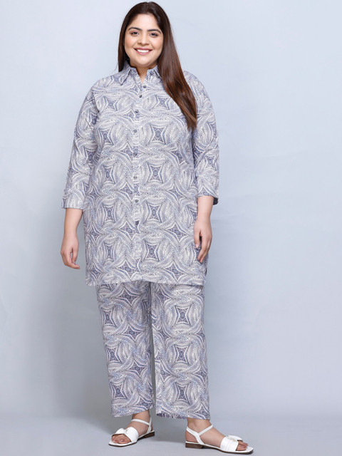 IN Love Plus Size Abstract Printed Shirt Collar Pure Cotton Shirt & Palazzo