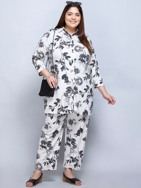 IN Love Plus Size Floral Printed Shirt Collar Pure Cotton Shirt & Palazzo