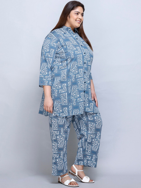 IN Love Plus Size Abstract Printed Shirt Collar Pure Cotton Shirt & Palazzo - Image 3