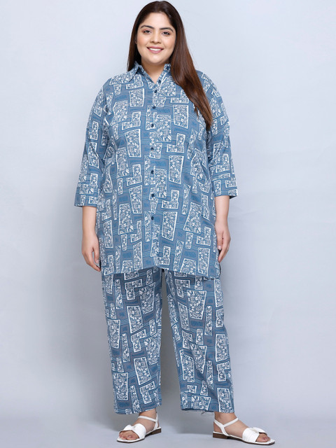 IN Love Plus Size Abstract Printed Shirt Collar Pure Cotton Shirt & Palazzo