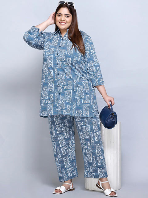 IN Love Plus Size Abstract Printed Shirt Collar Pure Cotton Shirt & Palazzo - Image 6