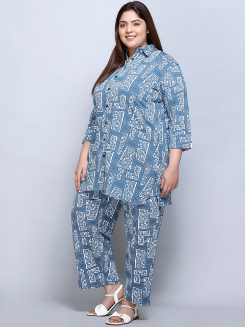 IN Love Plus Size Abstract Printed Shirt Collar Pure Cotton Shirt & Palazzo - Image 4