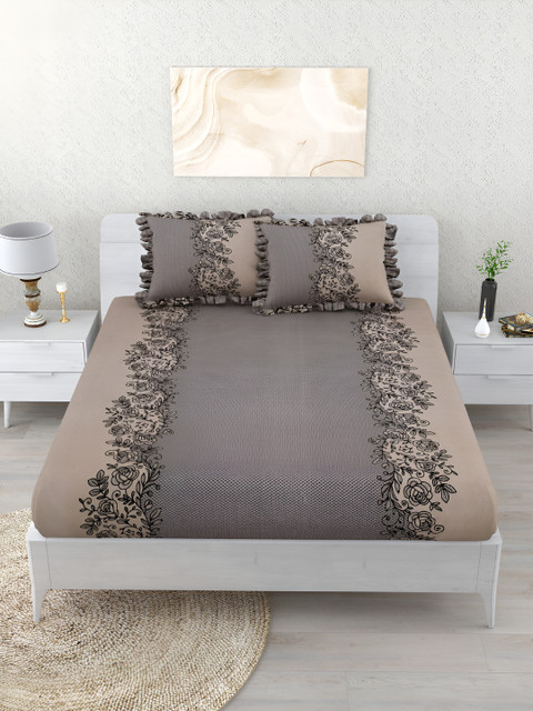 DREAM WEAVERZ Grey Floral 260 TC Double King Fitted Bedsheet with 2 Frill Pillow Covers - Image 2
