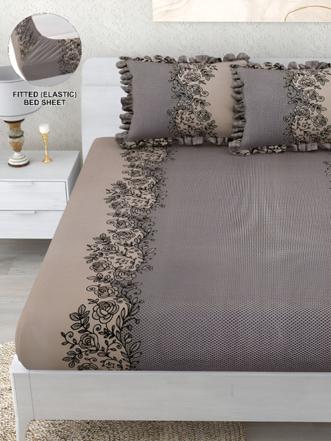 DREAM WEAVERZ Grey Floral 260 TC Double King Fitted Bedsheet with 2 Frill Pillow Covers - Image 4