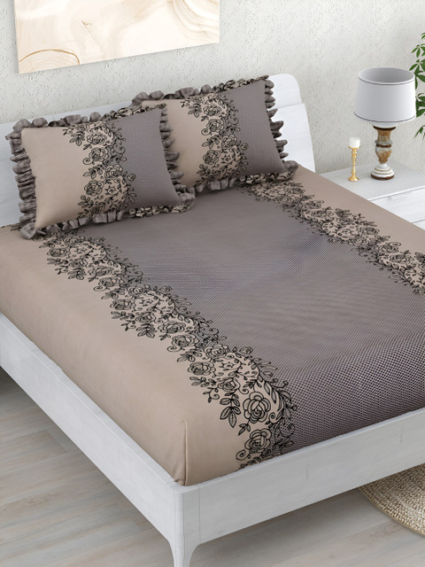 DREAM WEAVERZ Grey Floral 260 TC Double King Fitted Bedsheet with 2 Frill Pillow Covers - Image 3