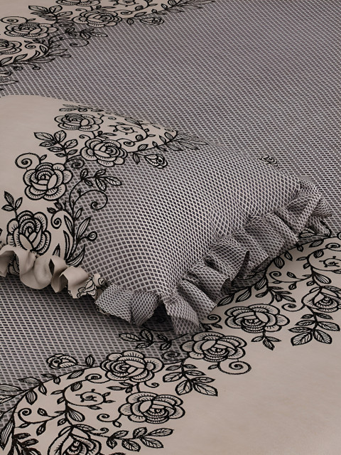 DREAM WEAVERZ Grey Floral 260 TC Double King Fitted Bedsheet with 2 Frill Pillow Covers - Image 5