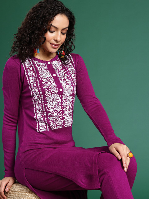 Sangria Floral Printed Band Collar Kurta with Trousers