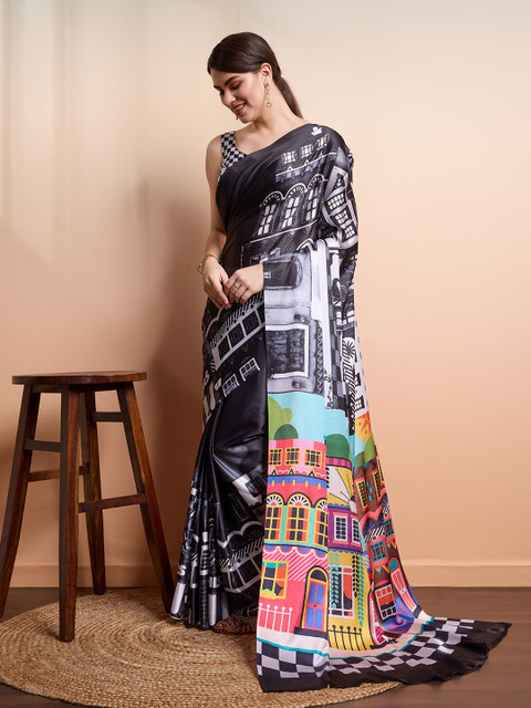 RACHNA Abstract Printed Satin Saree - Image 2