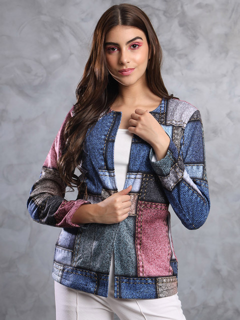 TANDUL Geometric Printed Indigo Button Shrug