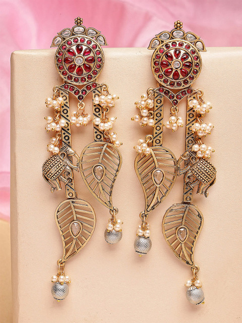 KARATCART Gold-Plated Kundan Studded Leaf Shaped Drop Earrings