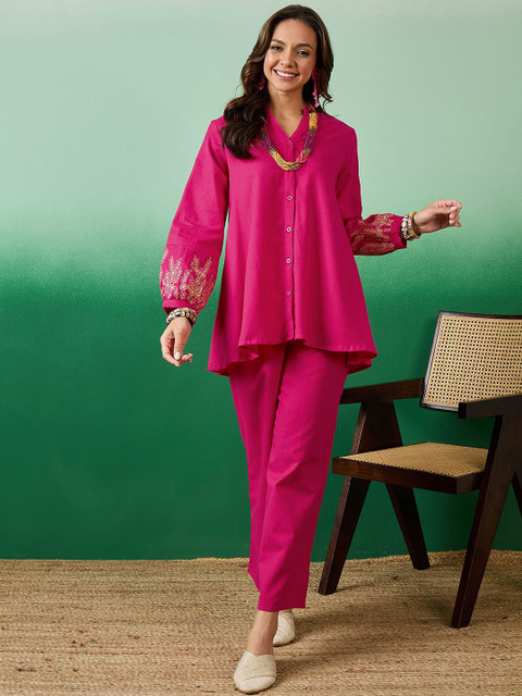 Sangria Pink Embroidered Shirt & Palazzo