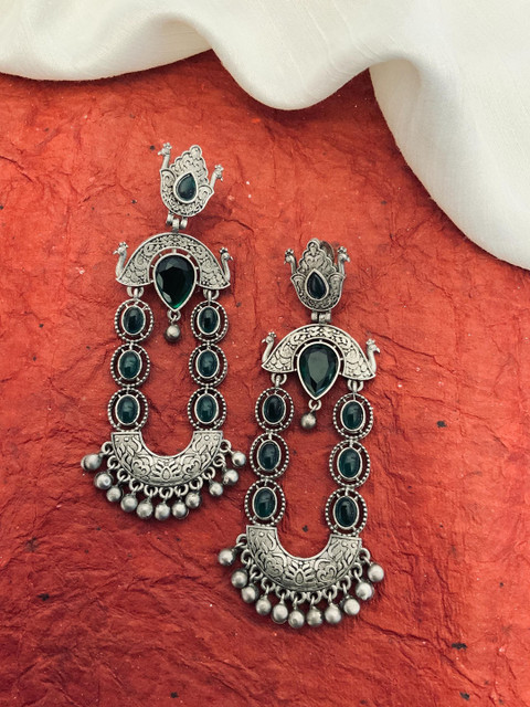 Sangria White Silver-Plated Stone Studded Dual Tone Drop Earrings