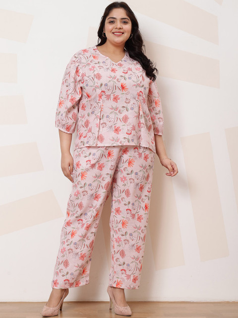 Athena Ample Plus Size Floral Printed Top With Trousers Co-Ords