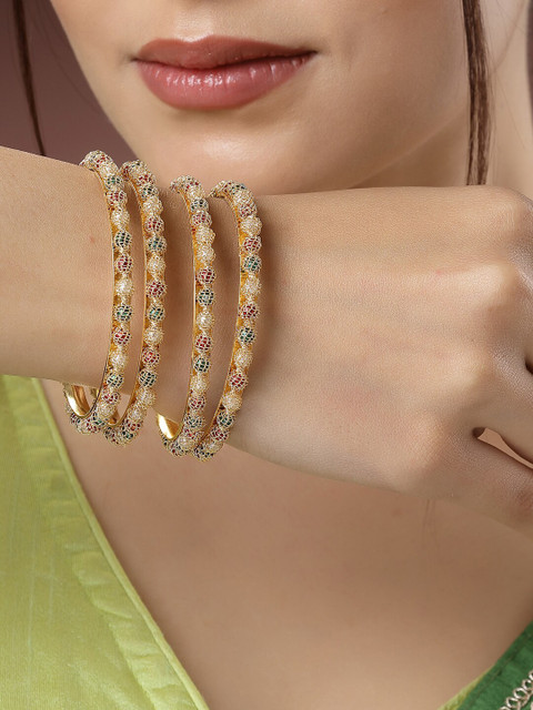 NVR Women Set of 4 Gold-Plated Beads Traditional Bangles