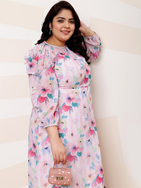 Athena Ample Plus Size Floral Print Ruffled Georgette A-Line Midi Casual Dress - Image 7